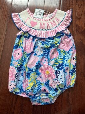 NWT Rylee + Cru Smocked 'I ♥ MAMA' Romper – Pink, Blue & White